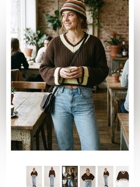 American Vintage Brown and Cream V-Neck Sweater